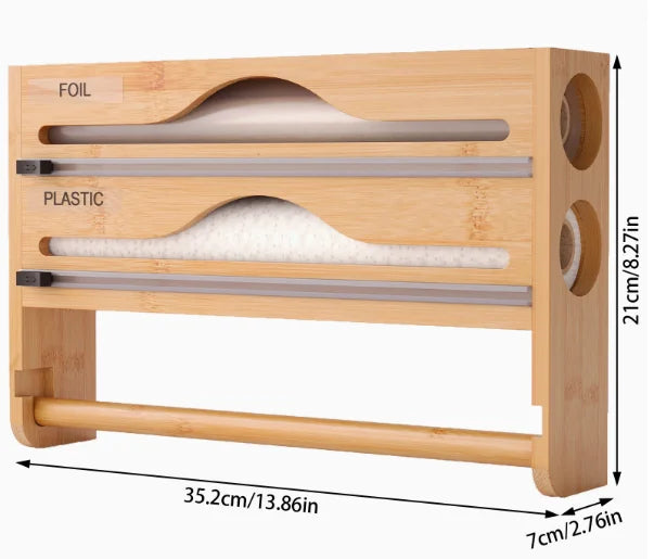 Bamboo Cling Film Dispenser & Kitchen Organizer – Wall Mounted with Cutter