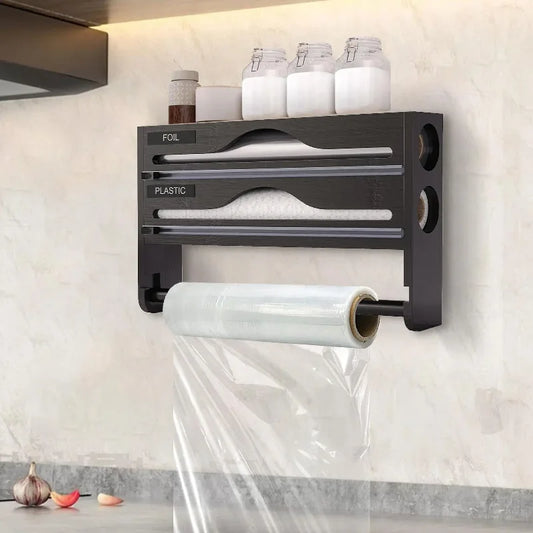 Bamboo Cling Film Dispenser & Kitchen Organizer – Wall Mounted with Cutter