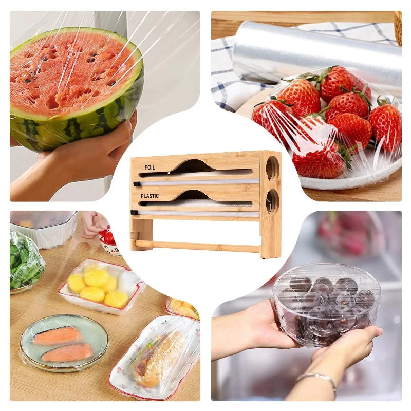 Bamboo Cling Film Dispenser & Kitchen Organizer – Wall Mounted with Cutter