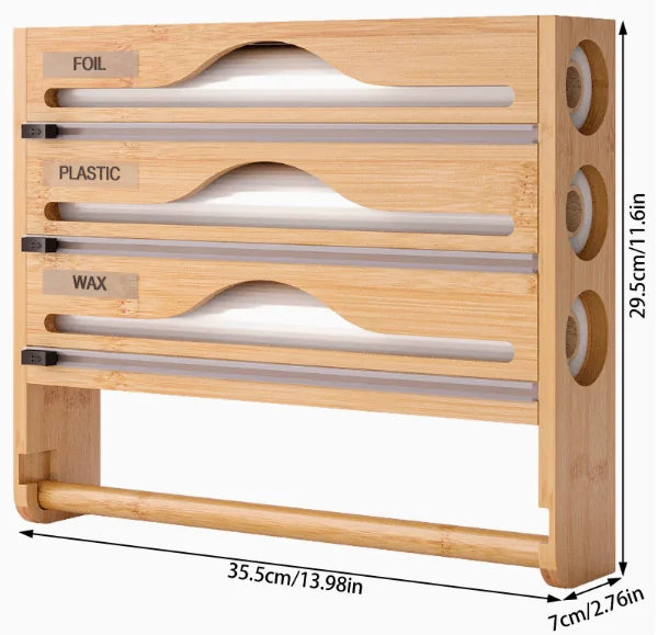 Bamboo Cling Film Dispenser & Kitchen Organizer – Wall Mounted with Cutter