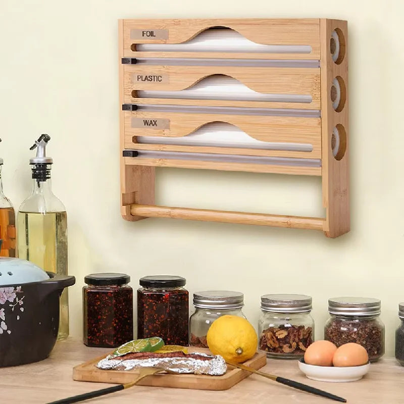 Bamboo Cling Film Dispenser & Kitchen Organizer – Wall Mounted with Cutter