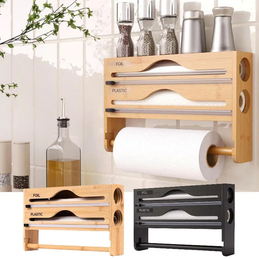 Bamboo Cling Film Dispenser & Kitchen Organizer – Wall Mounted with Cutter