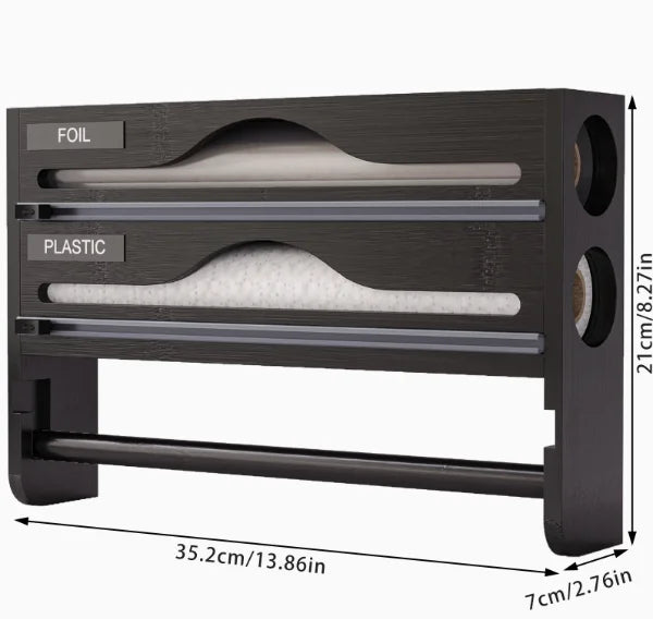 Bamboo Cling Film Dispenser & Kitchen Organizer – Wall Mounted with Cutter
