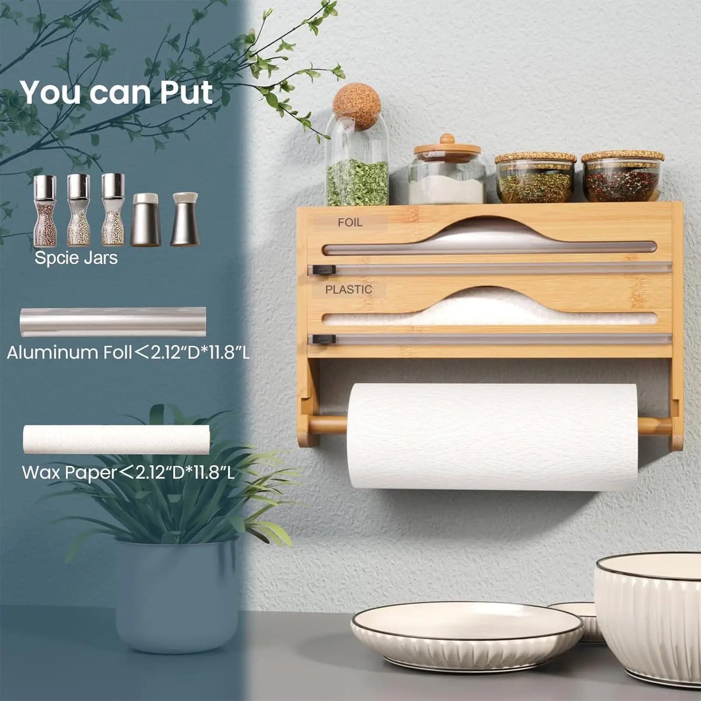 Bamboo Cling Film Dispenser & Kitchen Organizer – Wall Mounted with Cutter