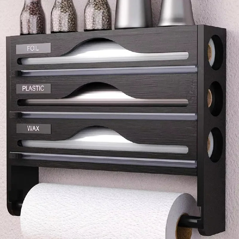 Bamboo Cling Film Dispenser & Kitchen Organizer – Wall Mounted with Cutter